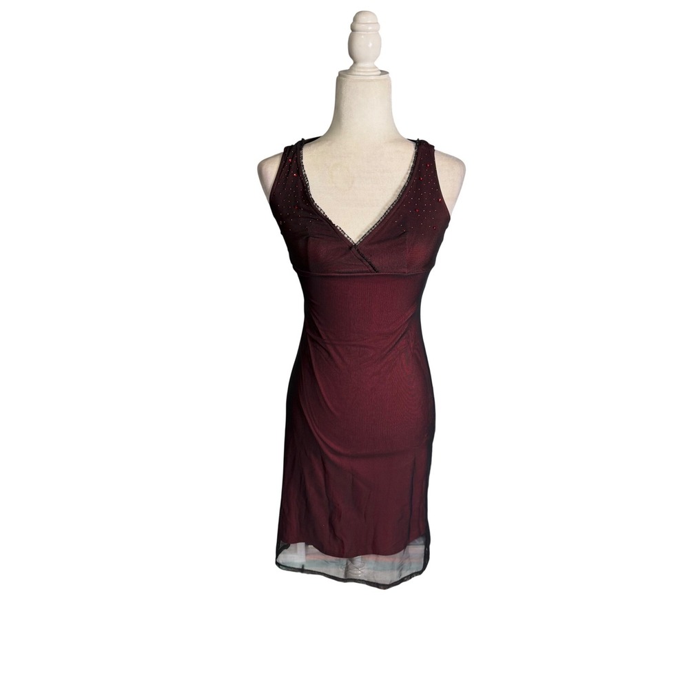Bisou Bisou Red Black Mesh Overlay Midi Dress Rhinestone Goth XS